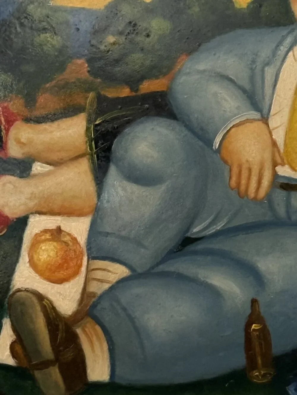 Botero Style Picnic Hand Painted Oil Painting Mid-Century Artwork (Signed Leona)